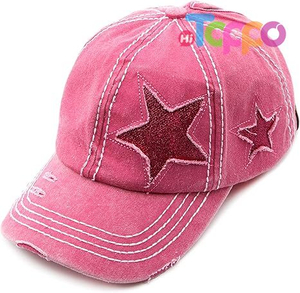  Custom Washed Distressed Cotton Denim Star Ponytail Hat Baseball Cap