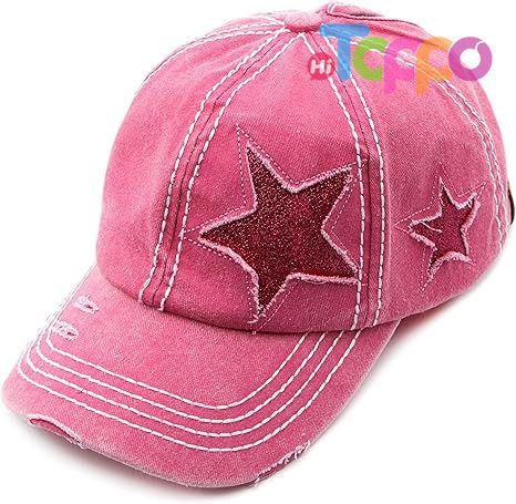  Custom Washed Distressed Cotton Denim Star Ponytail Hat Baseball Cap