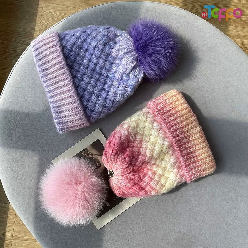 Winter Warm Thick Earflap Pom Pom Faux Fox Fur Ball Ski Skull Cap Gradient Fleece Lined Knit Beanie 