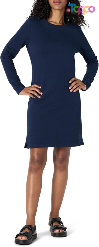 Hot Sale Women's Long Sleeve Crewneck Fleece Above-The-Knee Dress with Ribbed Detail