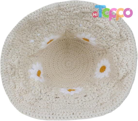 Womens Daisy Flower Crochet Bucket Hat Packable Knit Fisherman Hat