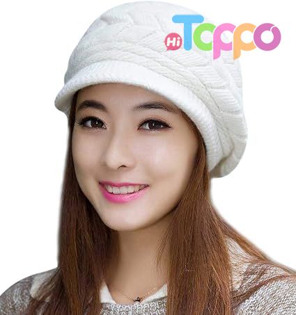 Women Winter Warm Knit Hat Wool Snow Ski Caps with Visor