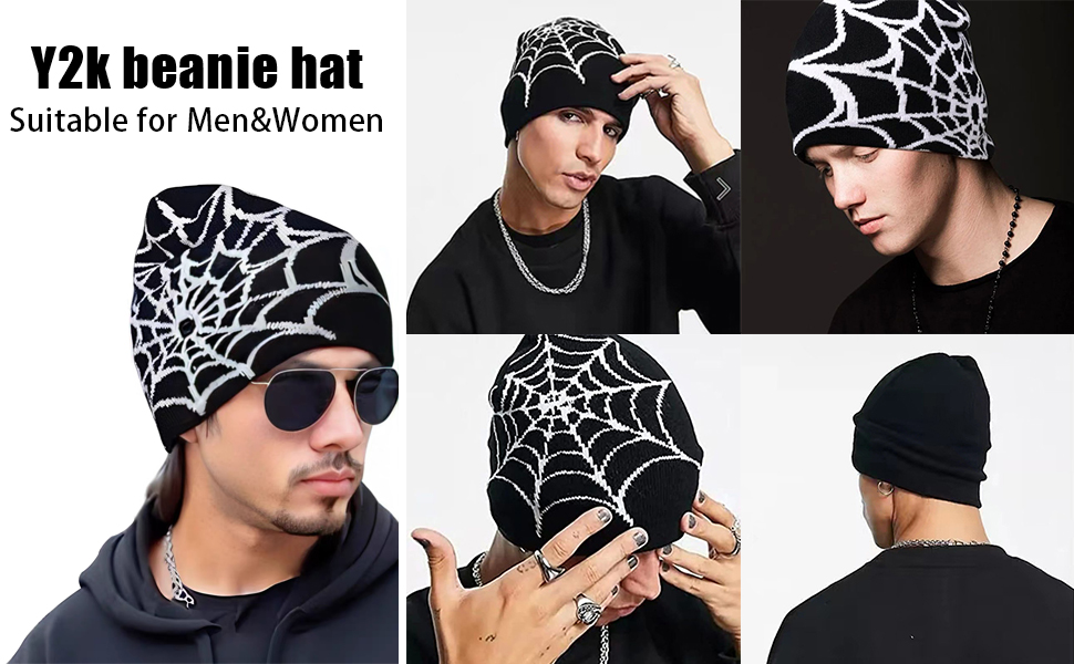 Y2K Beanies Spider Web Pattern Beanie Gothic Acrylic Knitted Hat Casual Streetwear Beanies for Men