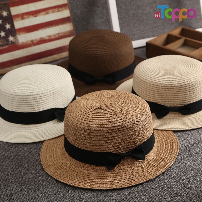 Summer UPF Women Flat Sun Straw Hat with Bow