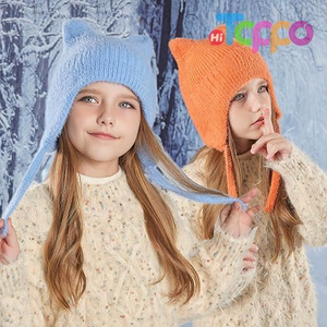 Children Cute Cat Ears Warm Wool Knit Ear Flap Cap Kids Beanie Hat for Winter with Earfalp 