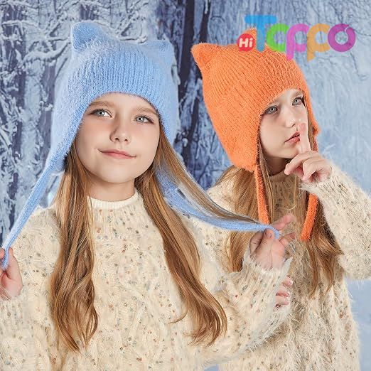 Children Cute Cat Ears Warm Wool Knit Ear Flap Cap Kids Beanie Hat for Winter with Earfalp 