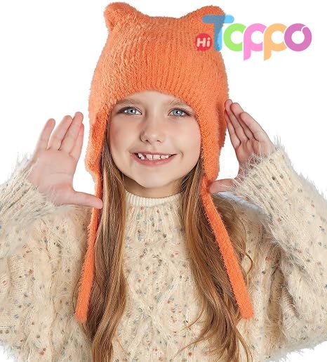 Children Cute Cat Ears Warm Wool Knit Ear Flap Cap Kids Beanie Hat for Winter with Earfalp 