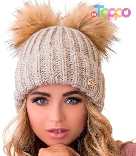 Custom 2 Pom Cable Knit Winter Warm Fleece Hat Wool Snow Cuff Ski Cap Beanie 