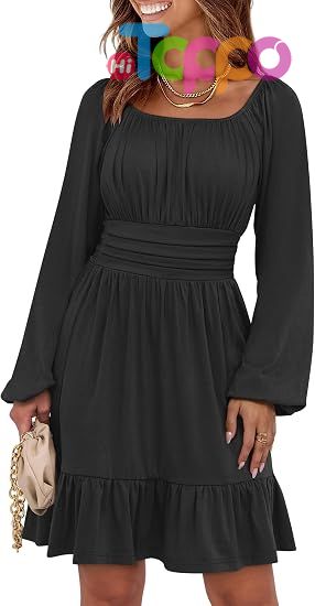  Custom Women Long Lantern Sleeve Square Neck Fall Short Dress