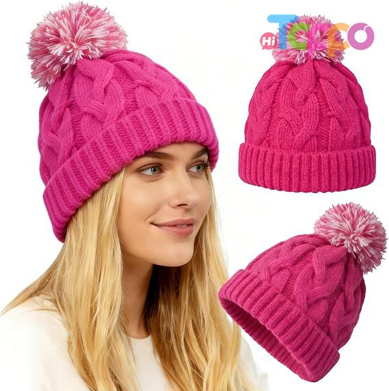 Wholesale Slouchy Chunky Knit Beanie with Pom Pom - Cozy Winter Bobble Hat