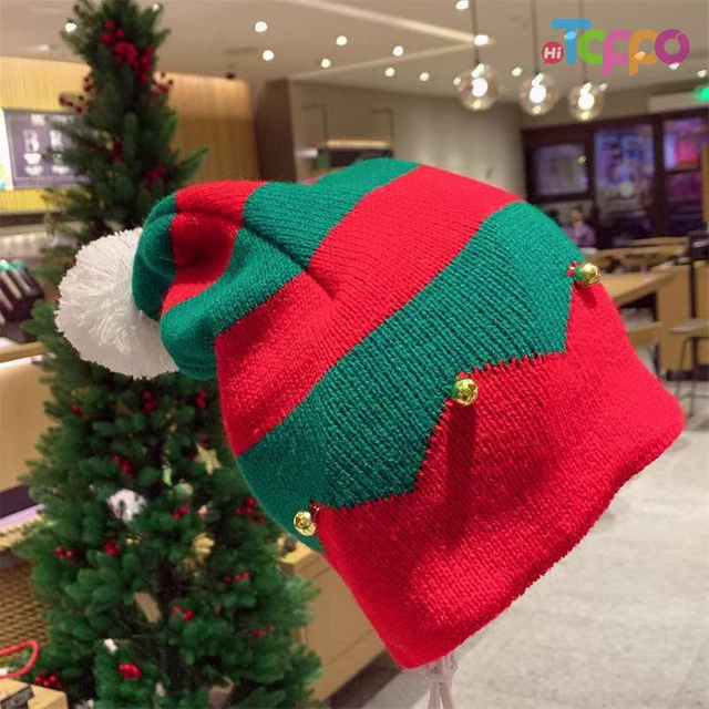 Classic Red & Green Striped Long Tail Knit Hat with Pom Pom Festive Christmas Beanie