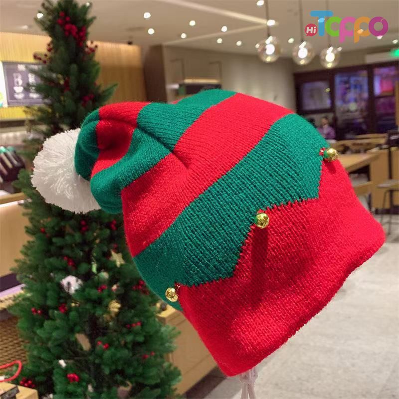 Classic Red & Green Striped Long Tail Knit Hat with Pom Pom Festive Christmas Beanie