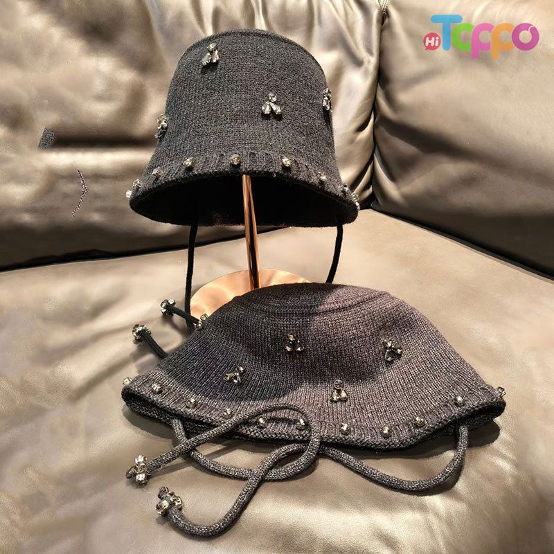  Custom Elegant Rhinestone Handmade Crystal Embellished Knit Cap Bucket Hat