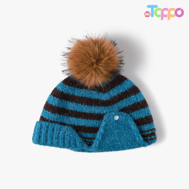 Custom Striped Knit Beanie With Faux Fur Pom‑Pom Detachable Ear Flaps Button Decor 