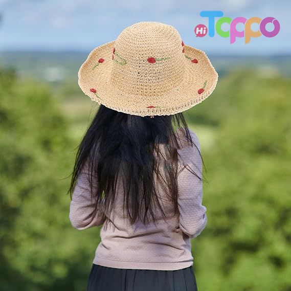  Woven Plaited Build Beige Cherry Accent Lightweight Breathable Comfort Women's Wide Brim Straw Sun Hat 56-58cm