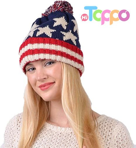 Classical American Flag Knit Pom Beanie Ski Hat with Stars