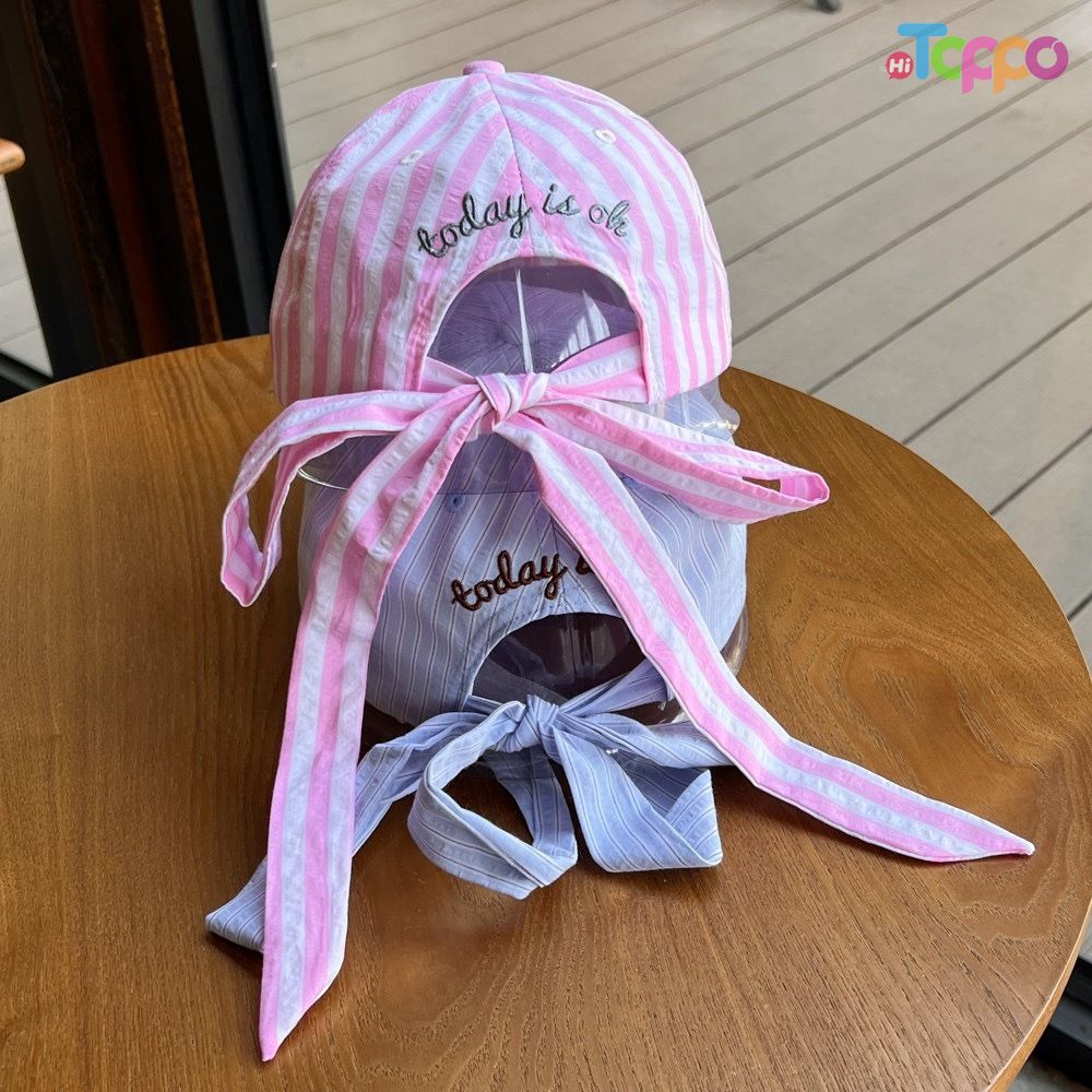 Stock Today Embroidery Stripes Baseball Caps with Ribbon Tie-bows Backside 