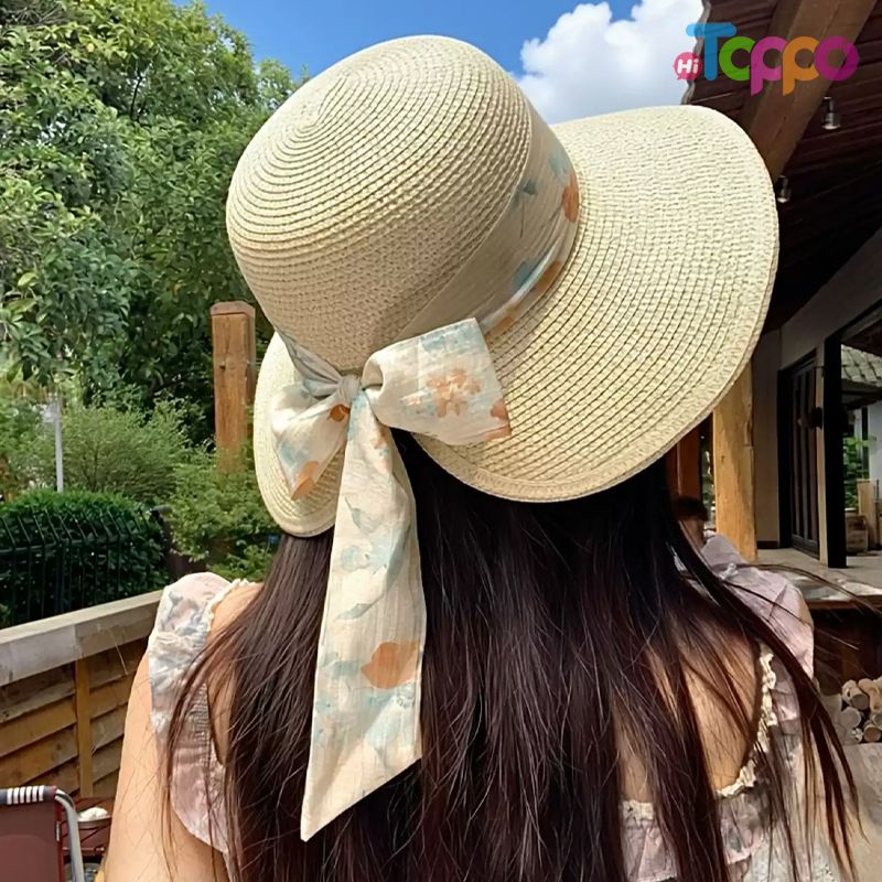 Summer UPF Womens Wide Brim Sun Straw Hat with Bow 