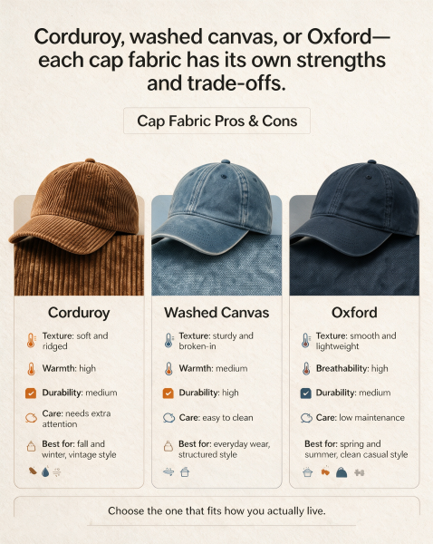 Corduroy, Washed‑Canvas or Oxford Cap Fabric Pros‑Cons List